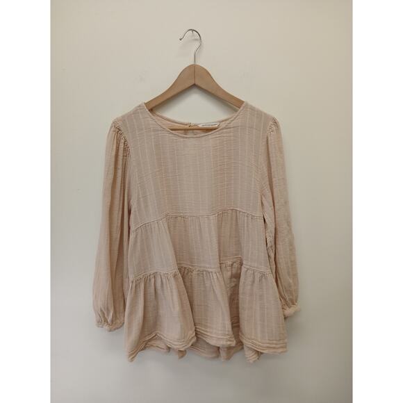 American Eagle Outfitters Tiered Babydoll Top Blouse Large Beige Long Sleeve - Picture 6 of 13